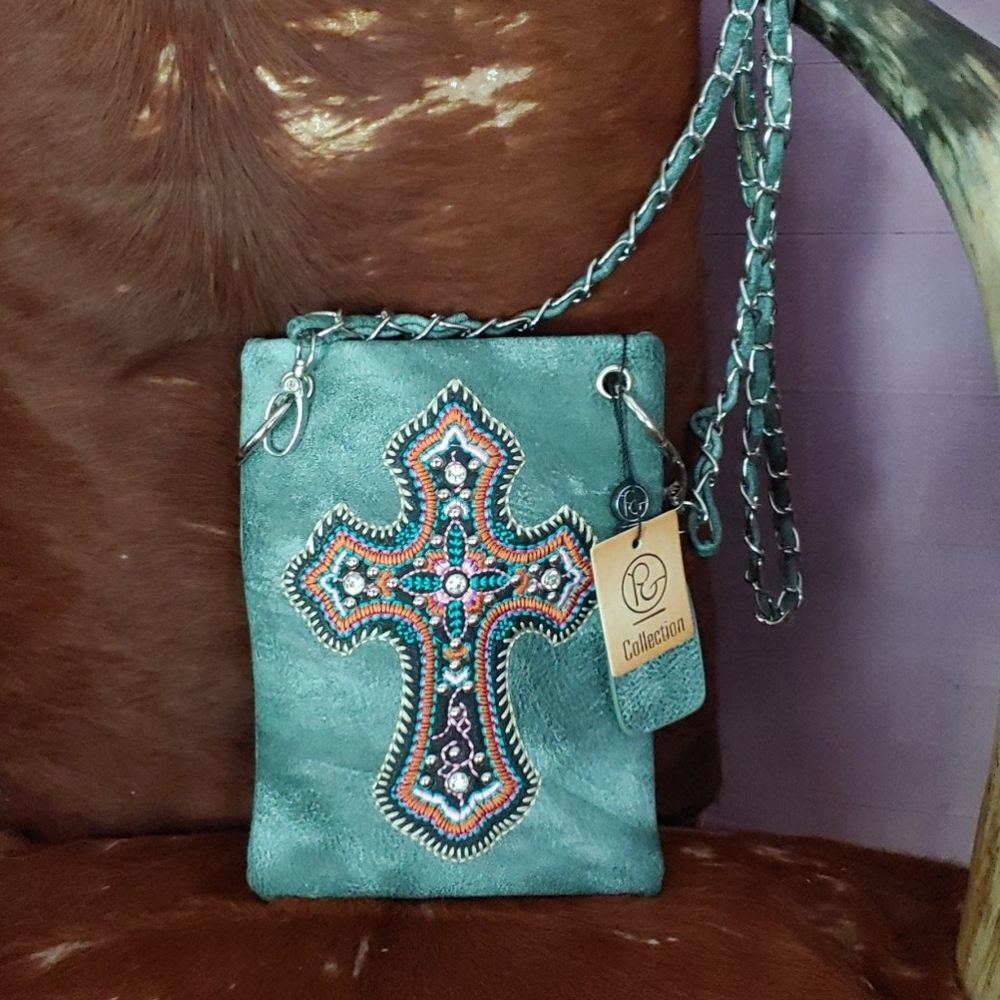 Cross Body Teal Purse Stitched Cross NWT